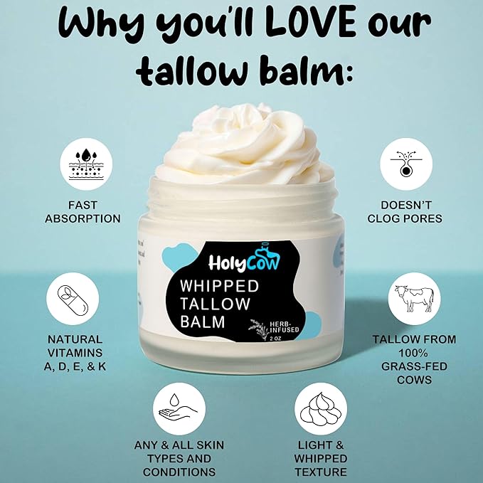 HolyCow Beef Tallow For Skin - Whipped Tallow Balm with Organic Jojoba Oil (Unscented/Herb-Infused), Grass Fed Beef Tallow Face Moisturizer for Eczema, Baby, Lip Balm - Lotion For Extremely Dry Skin
