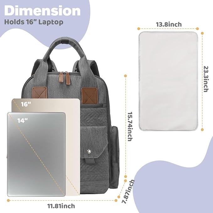 Diaper Bag Backpack - Large Diaper Bag with Portable Changing Pad as Baby Shower Gifts, Lightweight Waterproof Unisex Travel Baby Bag with 4 Insulated Pockets and Stroller Buckles, Dark Grey
