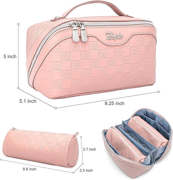 BOYATU Travel Makeup Bag Organizer Cosmetic Bag: 3 Pcs Set Make up Bags for Women with Handle - Waterproof Vegan Leather Toiletry Bags Travel Essentials Pouch with Compartments (G-13-Pink)