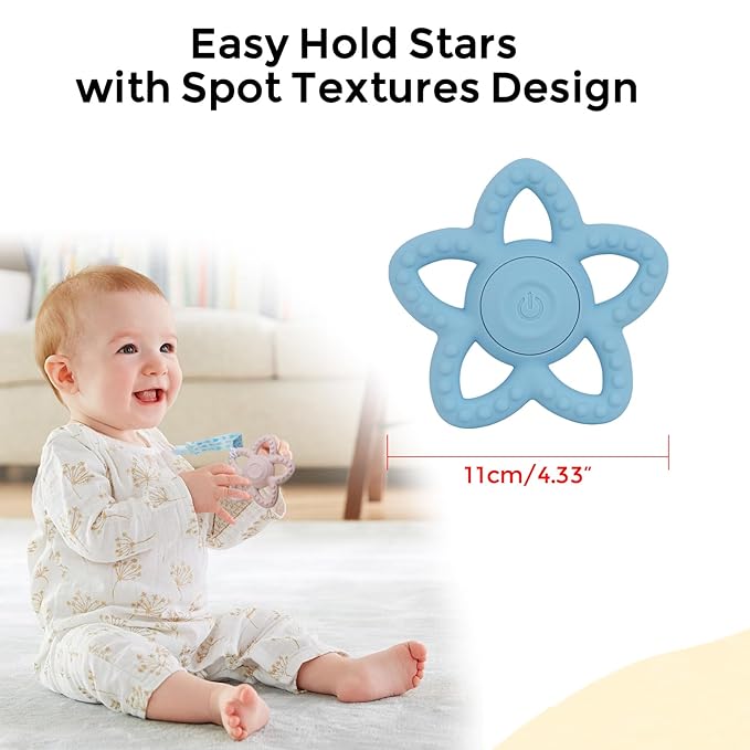 Vibrating Sensory Chew Toy,Teething Stars Support Autism &Toddler Travel Essentials,Gifts Idea for Babies 6-18 Months (Blue)