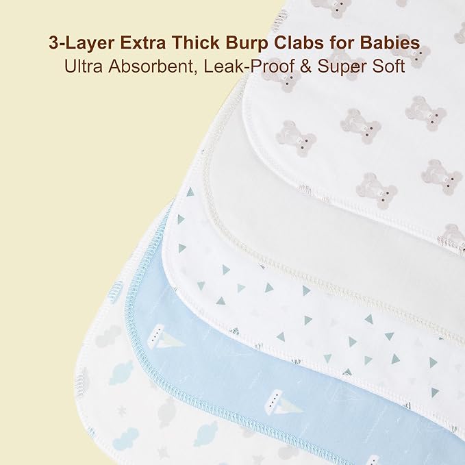 2-in-1 Burp Cloths and Baby Bibs - 6 Pack Large Super Absorbent Soft Cotton Burping Cloths for Spit Up, 3 Layers Thick Baby Burp Rags for Girls & Boys