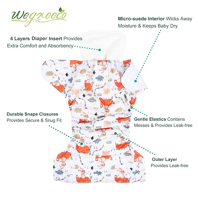wegreeco Cloth Diapers 6 Pack with 6 Inserts & 1 Wet Bag, Washable Cloth Diapers for Babies, One Size Adjustable Reusable (Bright Animals)