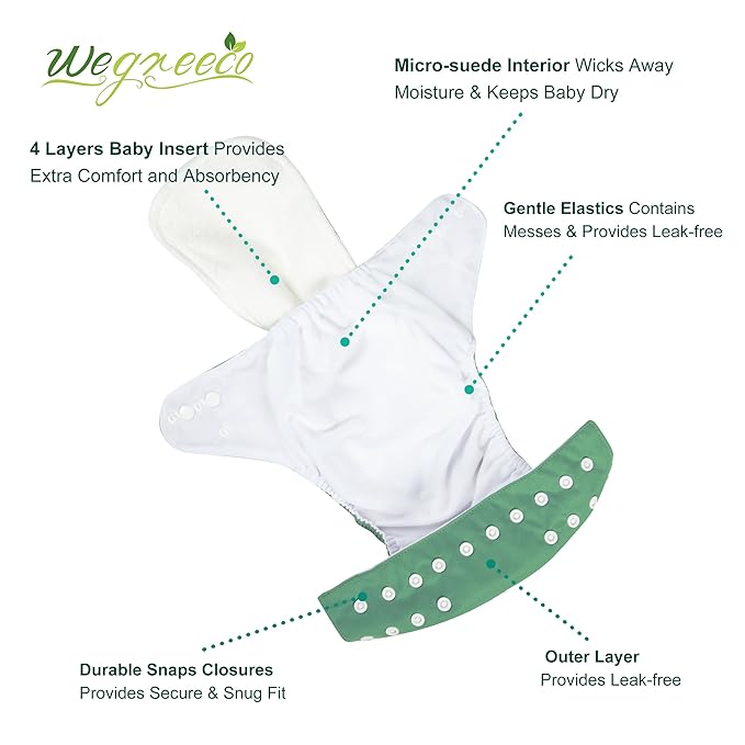 wegreeco Cloth Diapers 6 Pack with 6 Inserts & 1 Wet Bag, Washable Cloth Diapers for Babies, One Size Adjustable Reusable (Green)