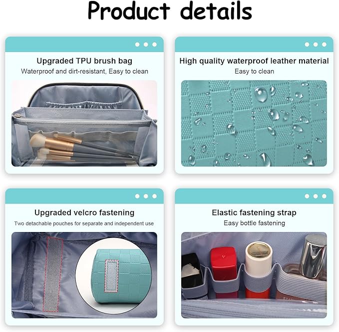 BOYATU Travel Makeup Bag Organizer Cosmetic Bag: 3 Pcs Set Make up Bags for Women with Handle - Waterproof Vegan Leather Toiletry Bags Travel Essentials Pouch with Compartments (G-11-Blue)