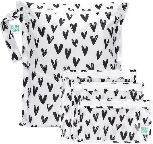 Bumkins - Waterproof Wet Bag & Clear Travel Bags - For Beach, Baby, Travel, Swim Suit, Cloth Diapers, Pump Parts, Pool, Gym, Toiletries - Reusable & Easy to Clean - Black Hearts - 4 Pack