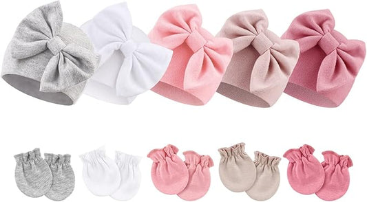 BQUBO Newborn Baby Girls Hats Mittens Set Hospital Hat Beanie Infant Bow Hats Baby Cotton Gloves for 0-6 Months