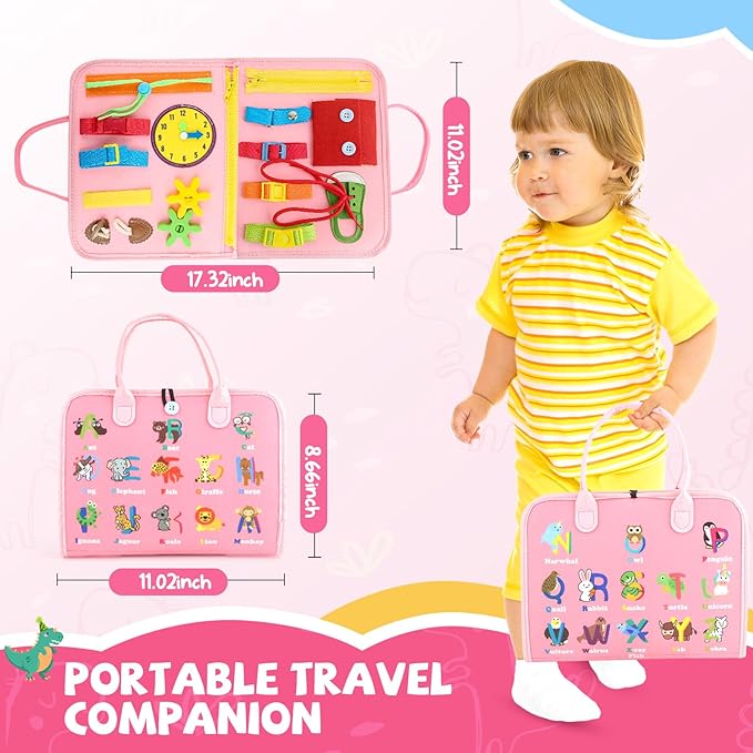 Toddler Busy Board, Montessori Sensory Toys for Boys, 1-4 Year Old Girl Toddler Travel Toys, Educational Learning Activities Board for Motor Skills, Birthday Gifts for Airplane Car, Pink