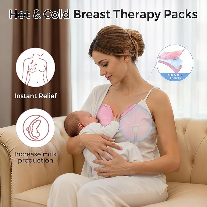 Breastfeeding Essentials Kit for New Moms,Gift Set with Reusable Hot&Cold Breast Therapy Packs/Breastmilk Storage Bags/Silicone Colostrum Collectors for Baby Essentials (Pink)