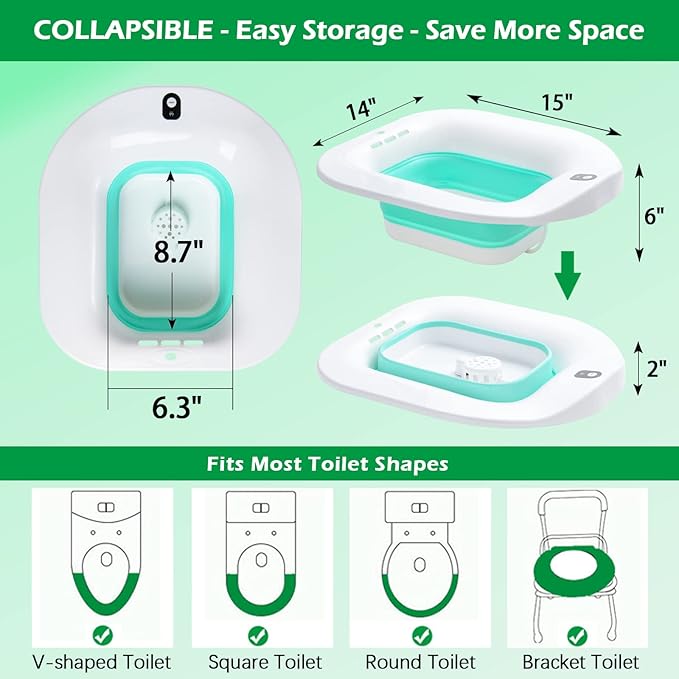 Electric Sitz Bath, Sitz Bath for Hemorrhoids, Sitz Bath for Postpartum Care, Toilet Seat Bowl for Women Men, Sits Bath Soak Tub, Sitz Baths Salts Pan, Butt Bath Basin, Portable, Green