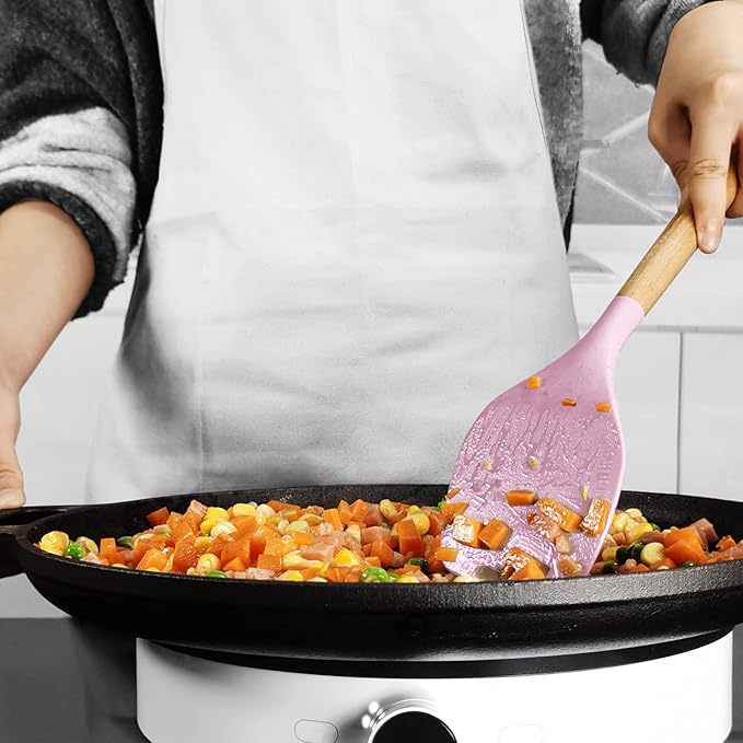 Silicone Kitchen Utensils Set - 446°F Heat Resistant Cooking Utensil Sets, Spatula,Turner,Tongs,Spoon,Brush,Whisk, Wooden Handle Silicone Kitchen Gadgets Tools for Non-Stick Cookware BPA Free (Pink)