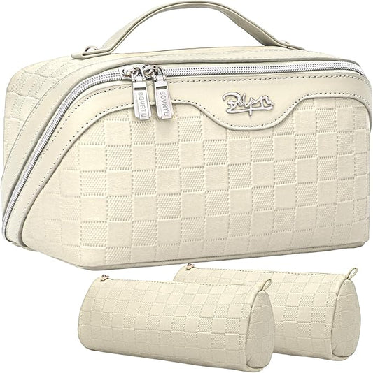 BOYATU Travel Makeup Bag Organizer Cosmetic Bag: 3 Pcs Set Make up Bags for Women with Handle - Waterproof Vegan Leather Toiletry Bags Travel Essentials Pouch with Compartments (G-16-Beige)