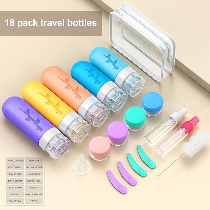 19pack Travel Bottles for Toiletries, TSA Approved Silicone Size Containers for toiletries, Refillable & Leakproof Travel shampoo and conditioner bottles