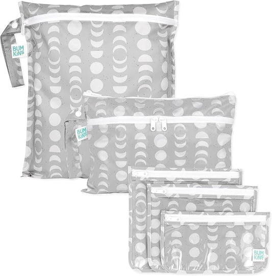 Bumkins - Waterproof Wet Bag, Wet/Dry Clutch & Clear Travel Bags - For Beach, Baby, Travel, Cloth Diapers, Pump Parts, Pool, Gym, Toiletries - Reusable & Easy to Clean - Lunar Gray - 5 Pack