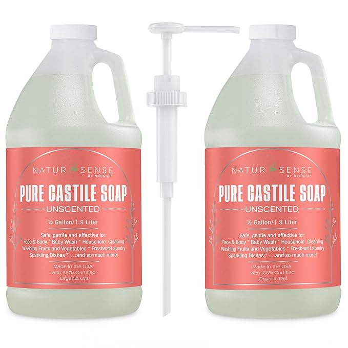 NTRSNS NaturSense Pure Castile Soap. Unscented, Made with 100% Certified Organic Oils, Gentle Personal & Baby Wash, Safe & Effective Household Cleaning - 1 Gallon total w/pump, 64oz x 2 Bottles