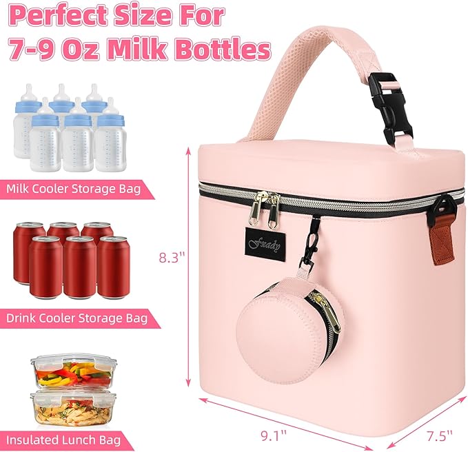 Breastmilk Cooler Bag with Ice Pack, Insulated Baby Bottle Tote Bag for 6 Bottles Up to 9 oz, Clip-On Pouch for Baby Essentials, Leakproof, Waterproof, Shoulder Strap for Nursing Moms