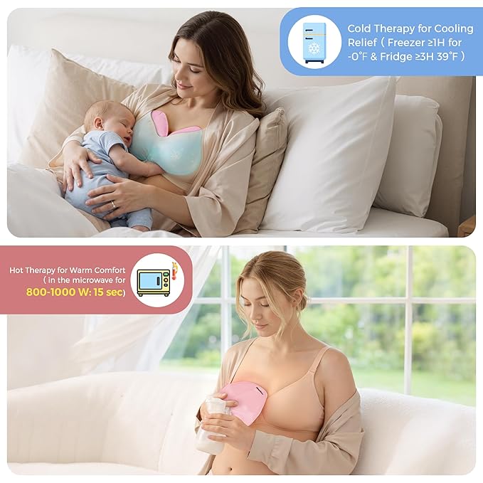 Breastfeeding Essentials Kit for New Moms,Gift Set with Reusable Hot&Cold Breast Therapy Packs/Breastmilk Storage Bags/Silicone Colostrum Collectors for Baby Essentials (Pink)