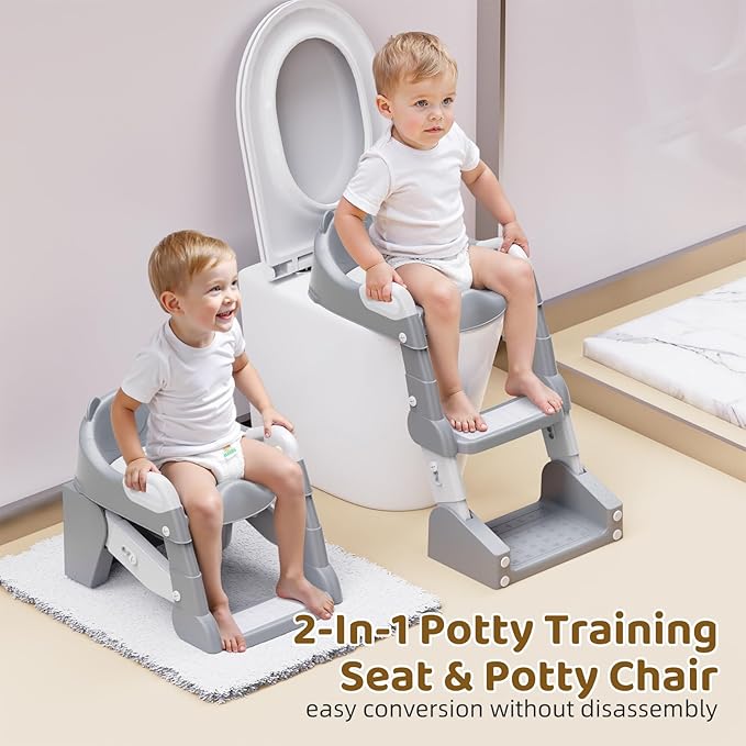 Potty Training Seat, 3-in-1 Toddler Toilet Seat with Step Stool Ladder, Splash Guard Anti-Slip Pad, Foldable Potty Chair with Soft Cushion for Toddler Kids Boys Girls