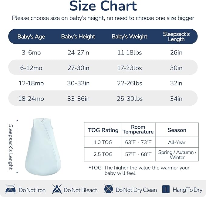 1.0 Tog 2.5 Tog Baby Sleep Sack, 100% Cotton Baby Sleeping Bag 3-24M, 2-Way Zipper Baby Wearable Blanket