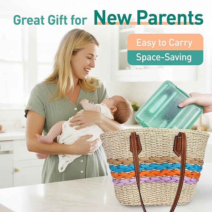 Baby Bottle Brush Set, 6-in-1 Travel Bottle Cleaning Kit with Silicone Bottle Brush, Nipple & Straw Brush, Soap Dispenser, Drying Rack, Storage Box – Compact Travel Baby Essential for Home & On-The-Go