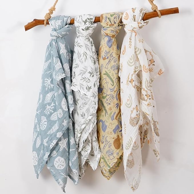 4 Set Muslin Swaddle Blankets for Newborn Baby Boys, Girls,Receiving Blankets-Cute Soft Print Baby Towel Wrap 120x110cm Baby (Animal)