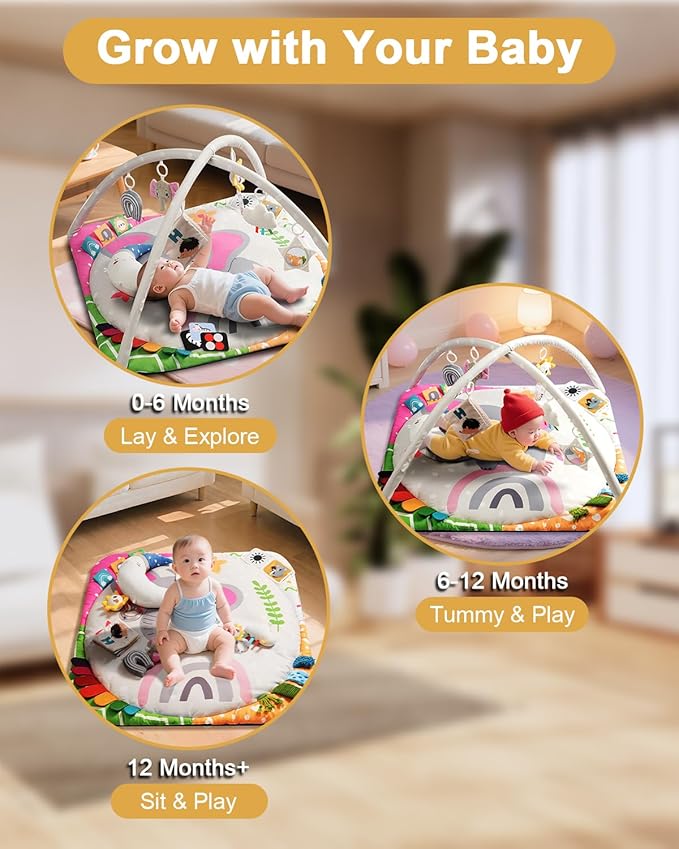 Baby Play Gym with 4 Developmental Zones – Tummy Time Mat & Activity Mat with 6 Sensory Toys, Visual Cards & Pillow – Baby Essentials & Ideal Gift for Newborns