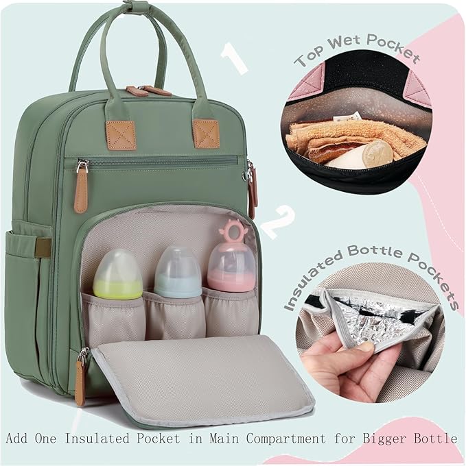 18 Pockets Large Diaper Bag Backpack with Waterproof Pockets and Stroller Buckle, Convertible Baby Bag (Green, Large)