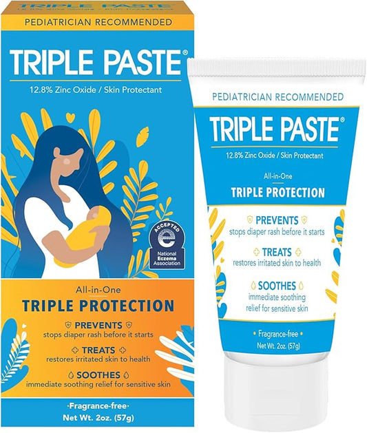 Triple Paste Diaper Rash Cream for Baby - 2 oz Tube - Zinc Oxide Ointment Treats, Soothes and Prevents Diaper Rash - Pediatrician-Recommended Hypoallergenic Formula with Soothing Botanicals