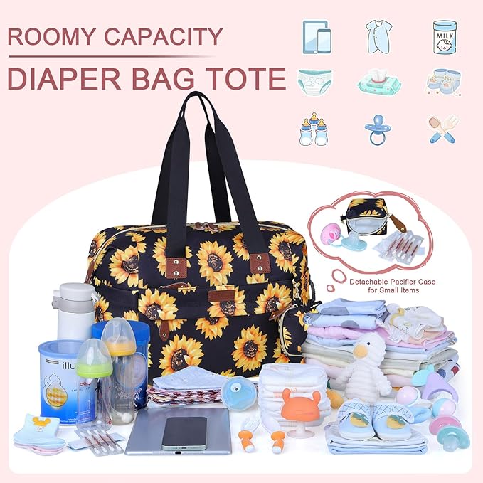 Diaper Bag Tote - Diaper Baby Bags with Pacifier Case, Shoulder Straps, Stroller Clips, Waterproof Large Mommy Bag Maternity Bag Travel Baby Bag for Mom and Dad, Sunflower