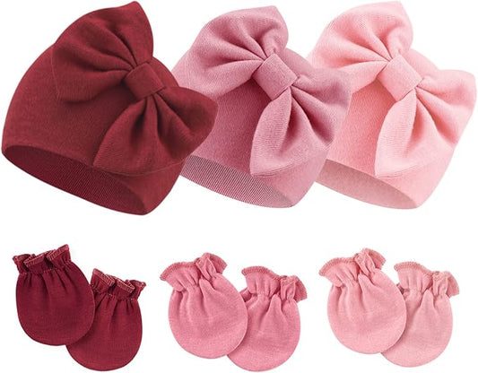 BQUBO Newborn Girls Hats Baby Hat and Mittens Set Infant Caps Bow Hospital Beanie with No Scratch Mittens for Baby Boys Girls