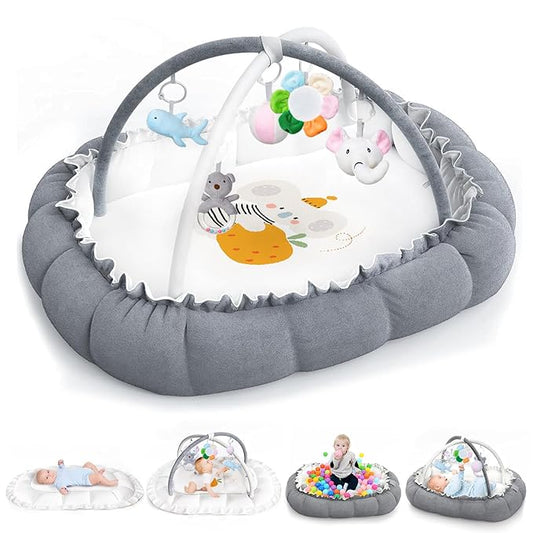5-in-1 Convertible Baby Play Mat and Tummy Time Mat - Thick & Plush Baby Play Gym with 5 Sensory Toys,Baby Activity Center from Newborn to Toddler, Ball Pit (No Balls Included)，Pet Bed