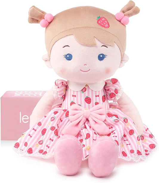 LeyaDoll Soft Baby Doll Toys (16''), My First Baby Rag Doll for 1 Year-Old Girl Birthday Gift, Christmas Plush Toys Gift for Toddler Kids Infants-Strawberry-Girl