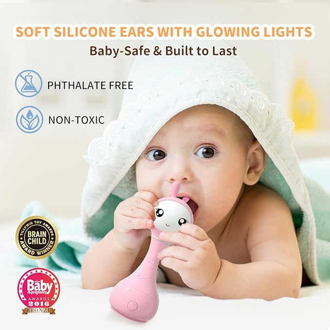 alilo Smarty Bunny Baby Rattle Musical Light Up Toys, Infants Newborns Baby Toys 0-3-6-12-18-24 Months,1 Year Old Boy Girl Gifts, 4 Music Modes and Color Recognition Function with 9 Color Card