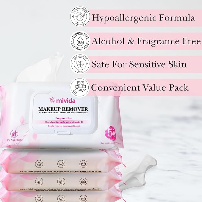 mivida Hypoallergenic Makeup Remover Wipes with Vitamin E | 4x50 count Total 200 bulk make up removing Wipes | Fragrance Free makeup wipes