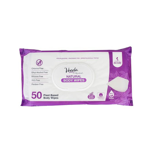 Veeda Natural Cotton Body Wipes for Adults - 50 Count, Hypoallergenic & pH Balanced Wet Wipe - Unscented Personal Cleansing Wipe Safe for Sensitive Skin, Plant based Soft Wipes