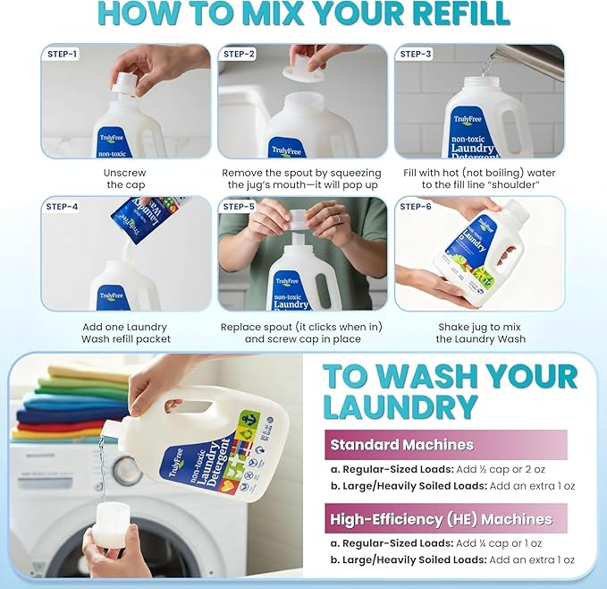 Truly Free Natural Laundry Detergent for Sensitive Skin | Eco Friendly, Plant Based, Baby Clothes Safe | Clean & Easy Powder to Liquid, 4 Pack Refill Detergent, NO Jug | Signature Scent, 200 Loads