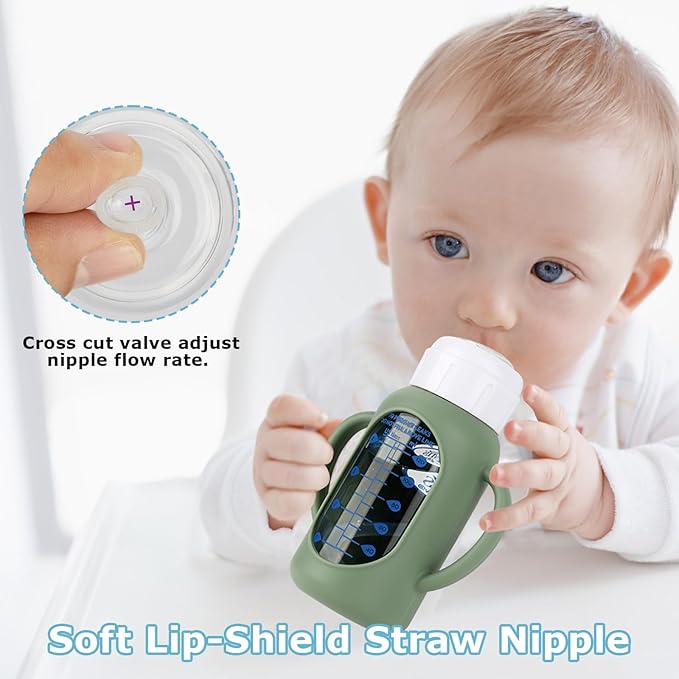 Straw Cup Conversion Kit with Silicone Sleeves for Dr. Brown's Narrow Glass Baby Bottle 4oz,Anti Breakage Baby Bottles Replacement Kit with Handle and Soft Straw Top,6m+,Set of 4