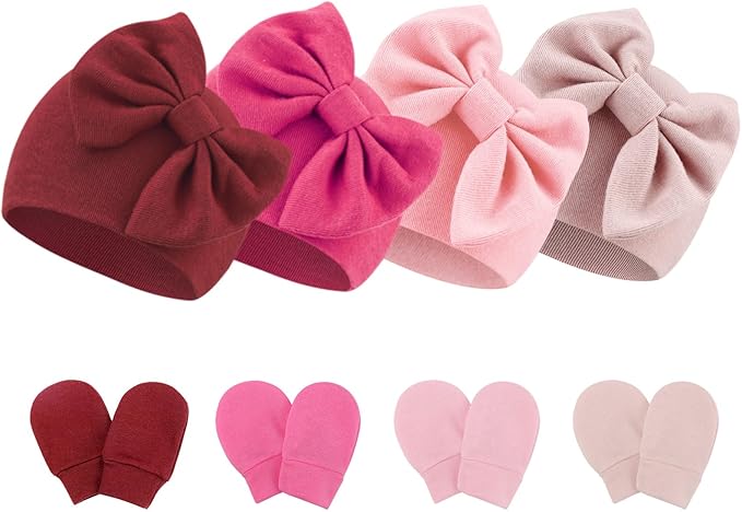 Newborn Baby Hats and Mittens Set Infant Bow Beanie Cap Toddler Gloves Newborn Hospital Hats for Baby Boy Girl 0-6 Months