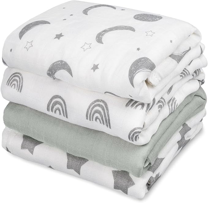 GLLQUEN BABY Muslin Swaddle Blankets 4-Pack Breathable Receiving Blankets (35" x 40") Soft Baby Blankets for Girls and Boys Newborn Essentials Muslin Burp Cloths Swaddle Wrap Baby Gift (Star)