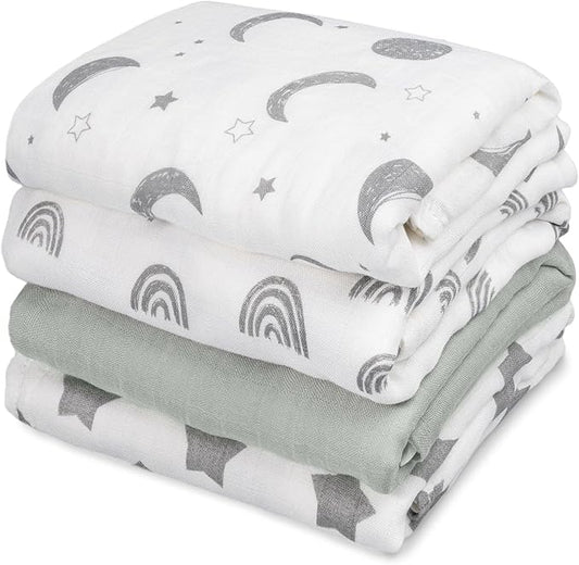 GLLQUEN BABY Muslin Swaddle Blankets 4-Pack Breathable Receiving Blankets (35" x 40") Soft Baby Blankets for Girls and Boys Newborn Essentials Muslin Burp Cloths Swaddle Wrap Baby Gift (Star)