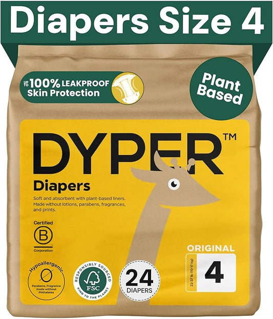 DYPER - Baby Diapers Hypoallergenic Cloth Alternative Day & Overnight Protection - Made with Plant-Based* & Skin-Friendly Ingredients - Size 4 (24 Count)