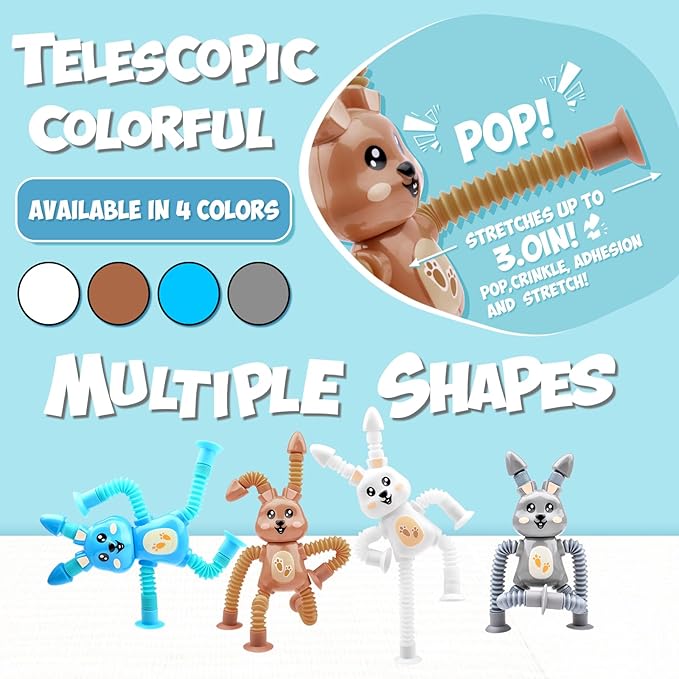 4Pcs Telescopic Suction Cup Rabbit Toys,Sensory Toys for Kids 3-5 5-7,Toddler Toy,Fidget Toy,Toddler Travel Essential for Airplane,Pop Tubes, Christmas Stocking for Kids Boys Girls I