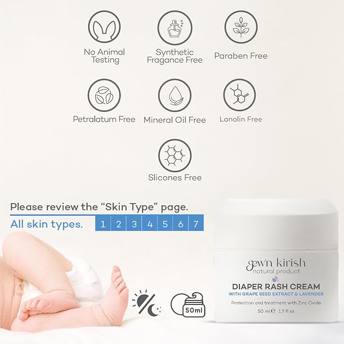 Gew’n Kirish Diaper Rash Cream – Zinc Oxide Barrier with Lavender & Grape Seed Extract | 100% Natural, Hypoallergenic, Vegan & Baby-Safe Formula, 1.7 oz (50ml)