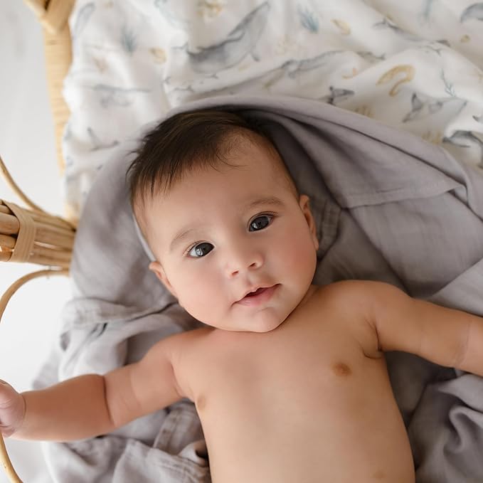 Baby Boy Muslin Swaddle Blankets for Newborns, Ocean Blue 2-Pack, Soft Viscose derived from Bamboo & Cotton Muslin Baby Blankets, 47x43, Breathable Receiving Blankets, Giftable for Newborn