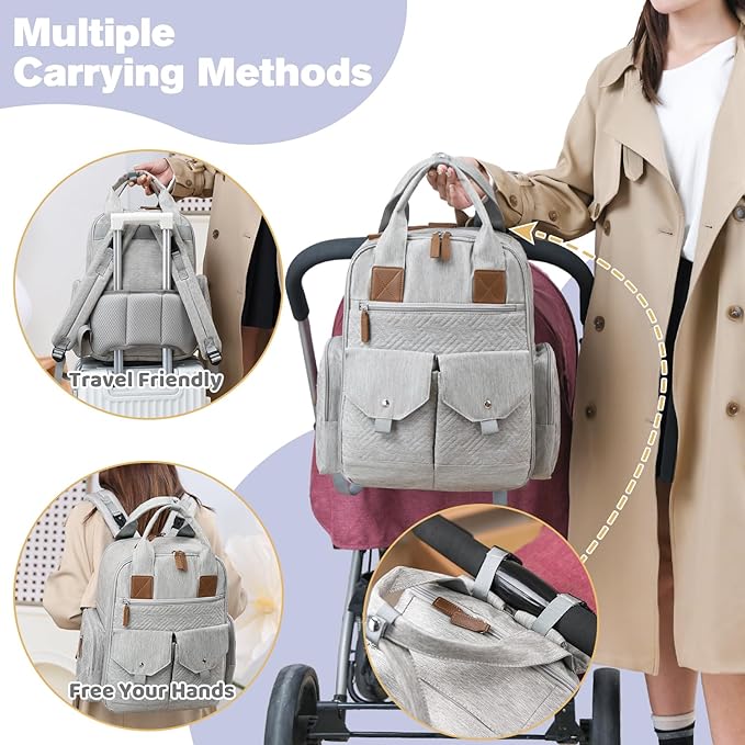 Diaper Bag Backpack - Large Diaper Bag with Portable Changing Pad as Baby Shower Gifts, Lightweight Waterproof Unisex Travel Baby Bag with 4 Insulated Pockets and Stroller Buckles, Light Grey