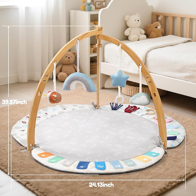 EXIN DECHEN Baby Play Gym & Activity Mat,Natural Organic Bamboo Frame with 4 Detachable Sensory Toys,Tummy Time Mat,Play Mat for Babies 0-6 Months,Newborn Play Mat,Baby Essentials Gifts