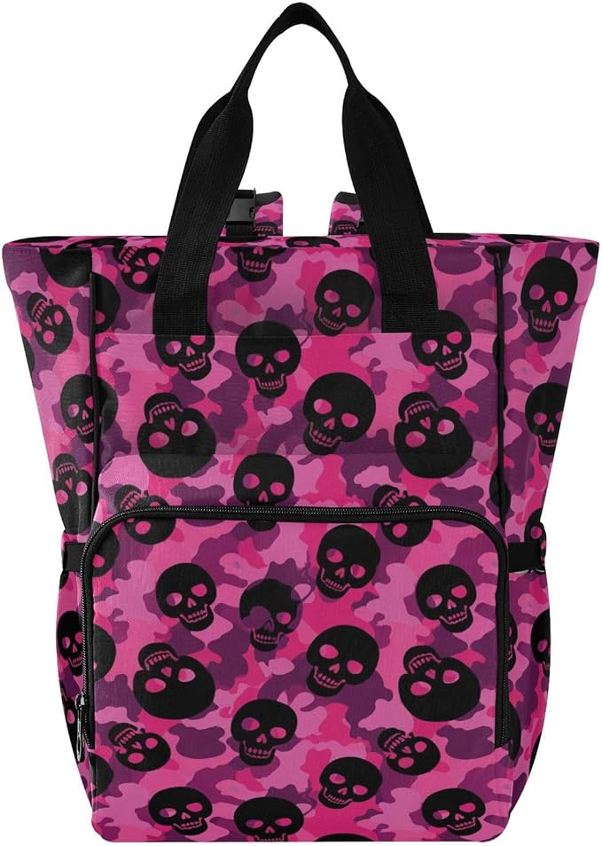Emelivor Skull Pink Camouflage Diaper Bag Backpack Large Capacity with Insulated Pockets Baby Bag Diaper Bags for Boy Girl Travel Mom Women Men