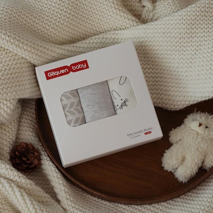 GLLQUEN BABY 3 Pack Newborn Swaddle - Baby Swaddle 0-3 Months for Baby Boys and Grils, Adjustable Sleep Sack for Newborns, Stripes & Bunnies, Swaddling Blankets