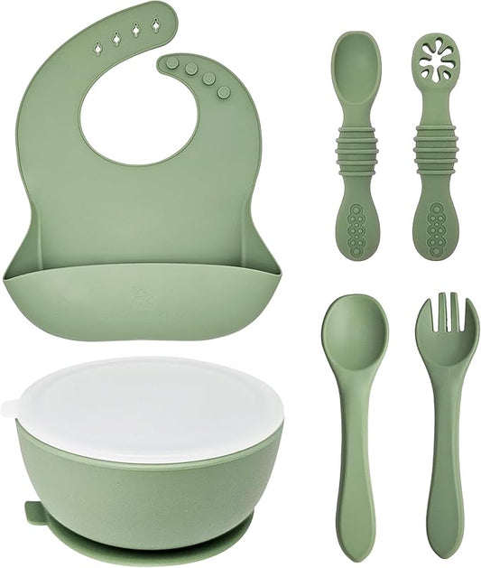 6 Piece Baby Bowls With Suction and Lids | Toddler Bowl Set with 1 Bowl, 1 Bib, 2 Baby Spoons, 1 Large Spoon, 1 Large Fork, Baby Feeding Essentials (1, Mint)