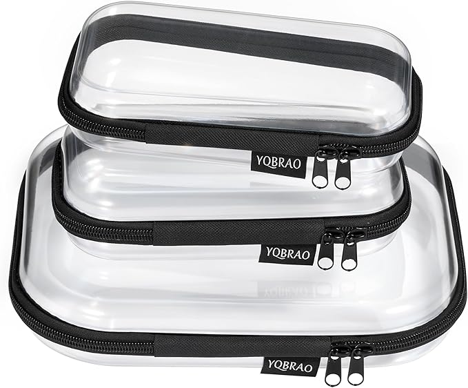 Clear Hard Shell Zipper Case 3 Pack, Hard Plastic Bag, Clear Travel Toiletry Pouch,Portable Cosmetic Bag with Zipper,Toy Storage Bins, Pencil Storage Organizer, Office Supplies Storage Case