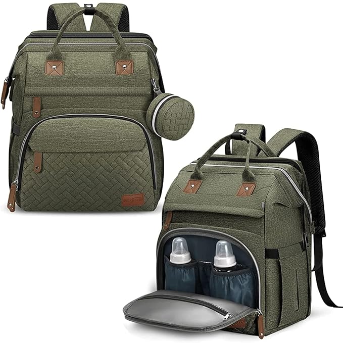 DERJUNSTAR Diaper Bag Backpack, Large Baby Bag with Changing Pad, Thick Padded Back & Straps, Laptop Compartment, Waterproof Travel Backpack with USB Port, Multi-Function for Mom & Dad, Army Green